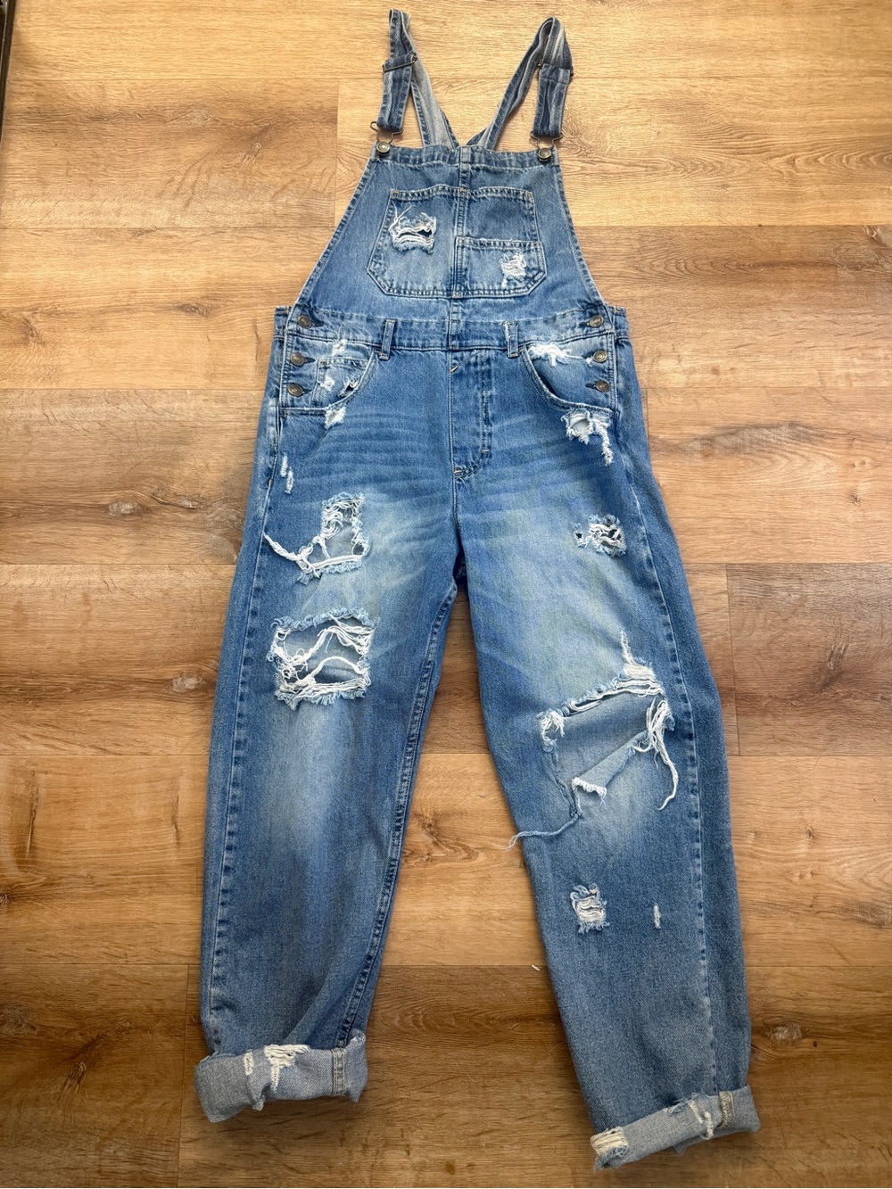 We The Free Distressed Light Blue Denim Overalls